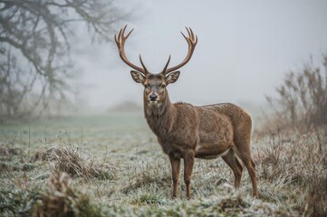 Obraz premium A solitary deer standing on frosty grass during a chilly winter dawn in a park