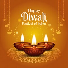 Happy diwali festival of lights with glowing oil lamps on a decorative background