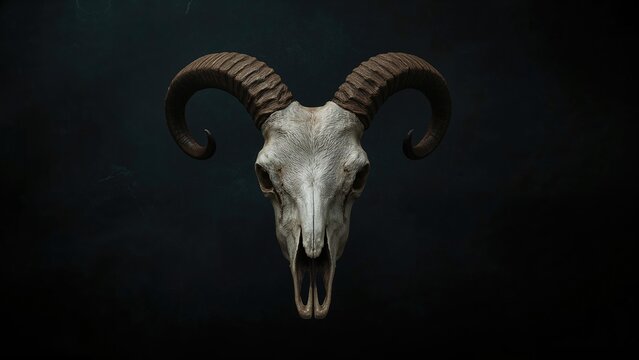 A lone goat skull emerges from a dark, somber background