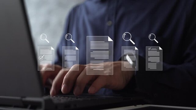 Business document verification process with digital checkmark approval icon, data audit, file review, online inspection, quality control, compliance validation, search, and workflow efficiency system.