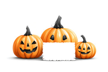 Halloween pumpkins jack o lanterns with blank sign on white background, illustration design.