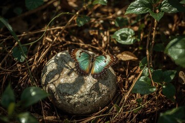 A vibrant butterfly resting on pebbled ground in a sunlit woodland with a retro vibe