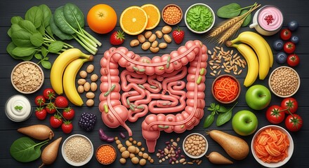 Healthy gut biome nourished by diverse fruits vegetables and whole grains digestive health