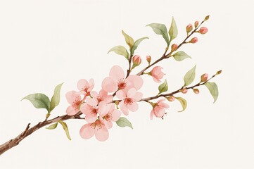 A branch adorned with cherry blossoms depicted in watercolor