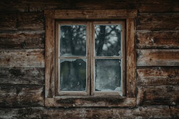 A wooden framed window covered in dirt and dust
