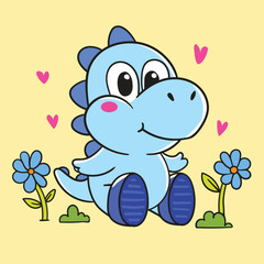 Blue dinosaur sitting between flowers, kawaii cartoon animal illustration