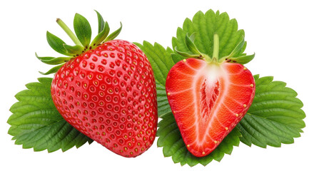 Isolated whole and halved strawberries on white background