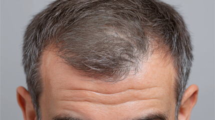 Obraz premium Close up of short gray hair with visible balding area on scalp, showing natural hair texture and skin wrinkles on forehead in soft lighting