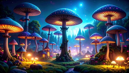 Fototapeta premium Magical Mushroom Forest at Night, Illuminated by Lights.