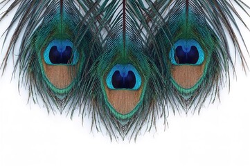 Obraz premium Three stylized peacock feathers with eye patterns in blue and red on a white backdrop