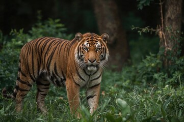 A majestic Bengal tiger staring directly into the lens amidst dense forest foliage.