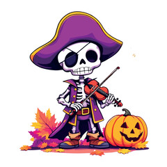 Vsai skeleton pirate playing violin during halloween party with pumpkin and autumn leaves