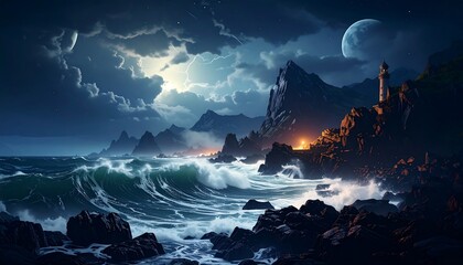 Mystical Night Seascape with Moonlit Castle and Stormy Waves.
