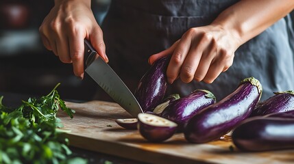 Chef's hands slicing fresh eggplant on wooden board with knife and parsley garnish