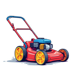 Vsai red lawn mower cutting grass in a garden on white background