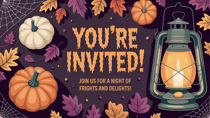 Spooky Halloween invitation with pumpkins, cobwebs, and a glowing lantern for your haunted celebration