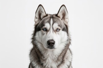 Fototapeta premium A monochrome portrait of a Siberian husky on a white backdrop