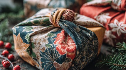 Festive Japanese-style gift wrapped in elegant botanical furoshiki cloth with intricate floral patterns, tied with a rustic cord near holiday greenery and red berries