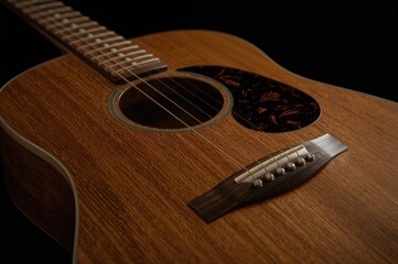 Fototapeta premium Close-up of a wooden acoustic guitar against a dark backdrop