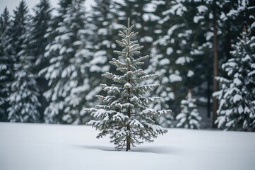 Obraz premium A tiny evergreen tree covered in snow. Pine tree cultivation and forestry. Cold season scenery with evergreen forest.