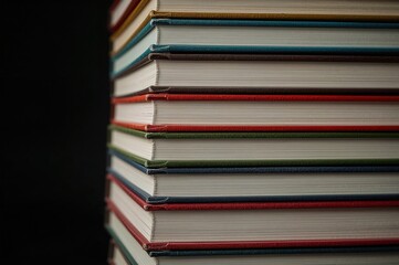 Close-up view of colorful books piled against a dark backdrop with focused highlights and blurred edges