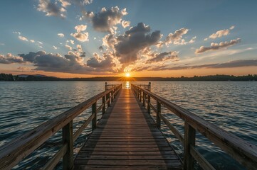 Fototapeta premium Stunning sunset reflected on a wooden pier at a serene lake