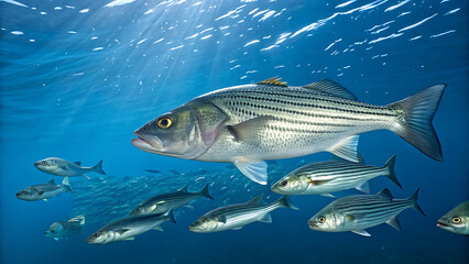 Large striped bass leads school of smaller fish underwater