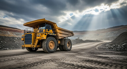 Obraz premium Massive mining dump truck on a dusty road with dramatic sky and sun rays shining down