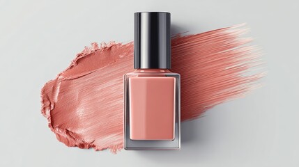 Light peachy-nude nail polish bottle atop a smudged swatch