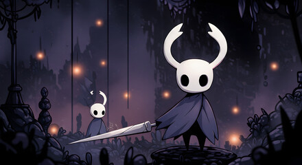 Digital Illustration of Hollow Knight Characters in a Mysterious Dark World Game Scene