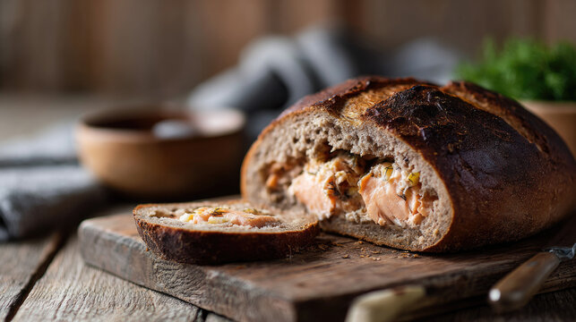 A thick, round loaf of Kalakukko sits sliced open on a wooden cutting board, revealing tender salmon and small fish (muikku) baked inside the dense rye bread