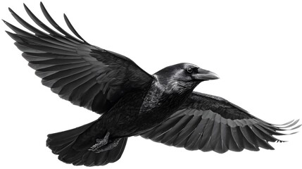 Obraz premium Majestic Raven Flying Silhouette on White Background for Graphic Design Projects