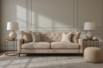 Obraz premium Cozy couch and side tables placed against the wall in a living space
