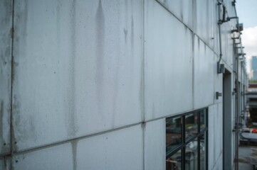 Fototapeta premium Detailed view of a large gray factory building's outer wall