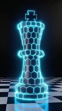 Futuristic 4K Animation of a Chess King with a Glowing Blue Hexagon Shield