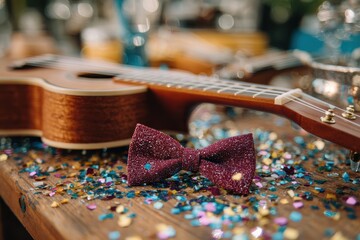 Festive Ukulele and Glittery Bow Tie Surrounded by Colorful Confetti on a Rustic Table, Perfect for Celebrations and Musical Gatherings