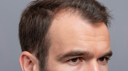 Obraz premium Macro photo of male scalp with receding hairline showing thinning hair and detailed skin texture, highlighting natural hair loss and scalp condition in close up view