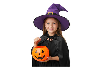 Adorable little girl dressed as a witch holding a spooky pumpkin trick-or-treat bucket for halloween fun transparent background