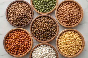 Fototapeta premium Assorted vibrant bowls filled with raw beans, lentils, and corn displayed on a marble countertop