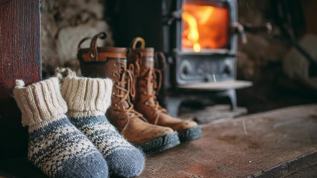 Cozy winter atmosphere with warm socks and boots near a crackling fire