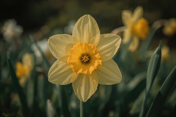 Detailed view of a vibrant yellow daffodil blooming outdoors