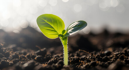 A close-up shot of a young green sprout emerging from dark soil, illuminated by sunlight.