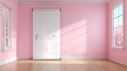 Fototapeta premium Empty, pink room with white door and window.