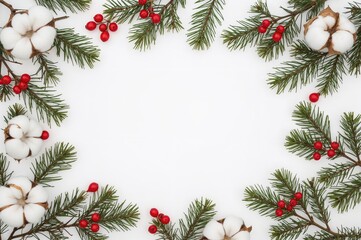 Festive arrangement featuring a picture frame, cotton blooms, spruce twigs, and holly adorned with red berries on a white backdrop. Holiday greeting card with blank area for seasonal message.