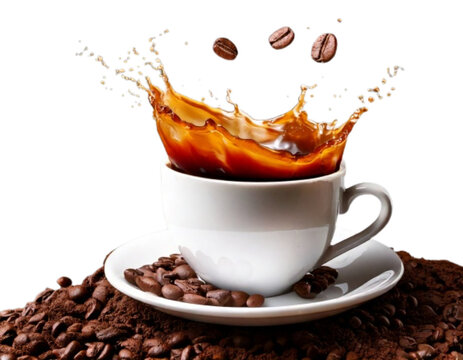 Coffee Splash in Ceramic Cup with Beans, Isolated PNG