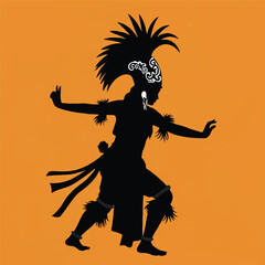 A graceful vector silhouette portrays a traditional Dayak dancer adorned with an intricate headdress and flowing feather ornaments, symbolizing cultural heritage.