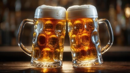 Two Frothy Beer Mugs Clinking Together in Warm, Golden Light