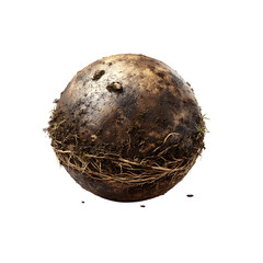 Fototapeta premium Mud-covered sphere with exposed roots and sprouting grass suggests growth, resilience, and the raw beauty of nature, perfect for environmental themes and conceptual art