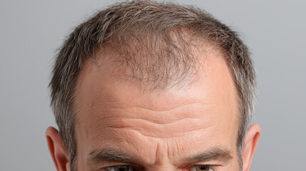Thinning hair and bald spot on middle aged man head with gray hair and visible forehead wrinkles, showing natural aging and hair loss in close up portrait