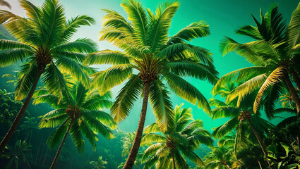 Fototapeta premium Lush Palm Trees Under Tropical Sunlight and Blue Skies